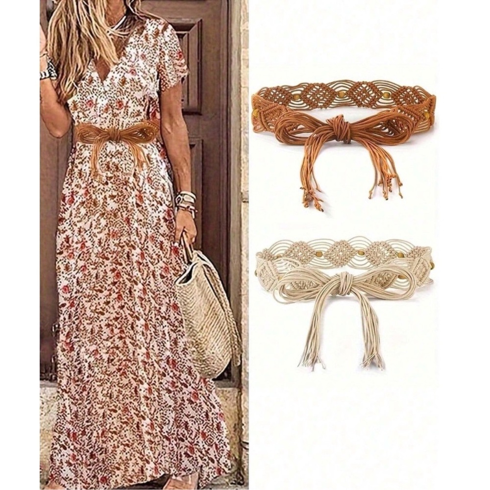 Boho Natural Woven Braided Bead Adjustable Wrap Belt